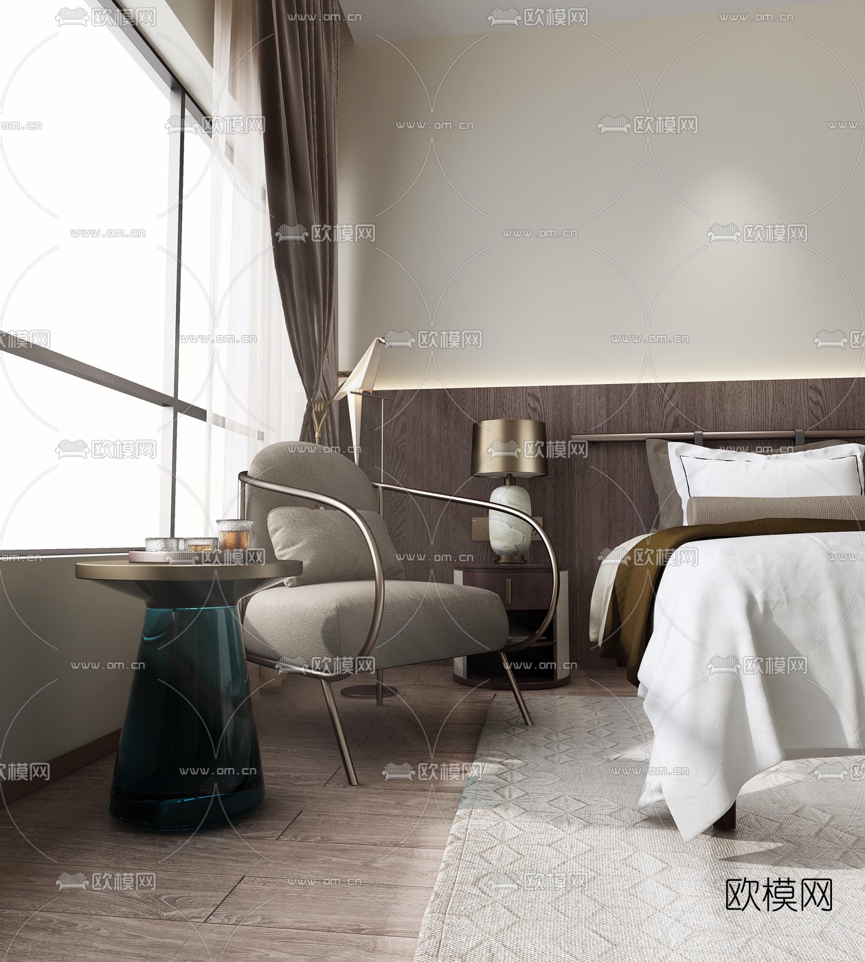 新中式酒店客房双人间免费3d模型下载（渲染图3）