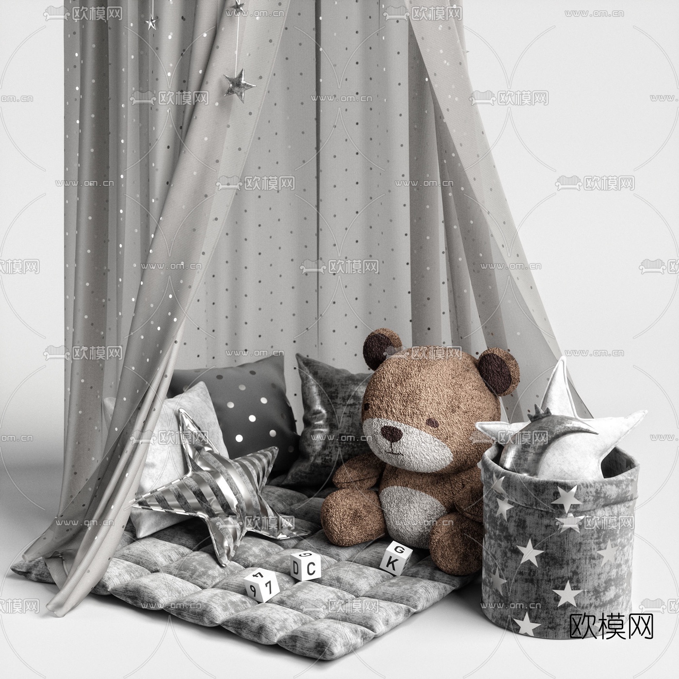 现代儿童帐篷抱枕小熊公仔43d模型下载（渲染图2）