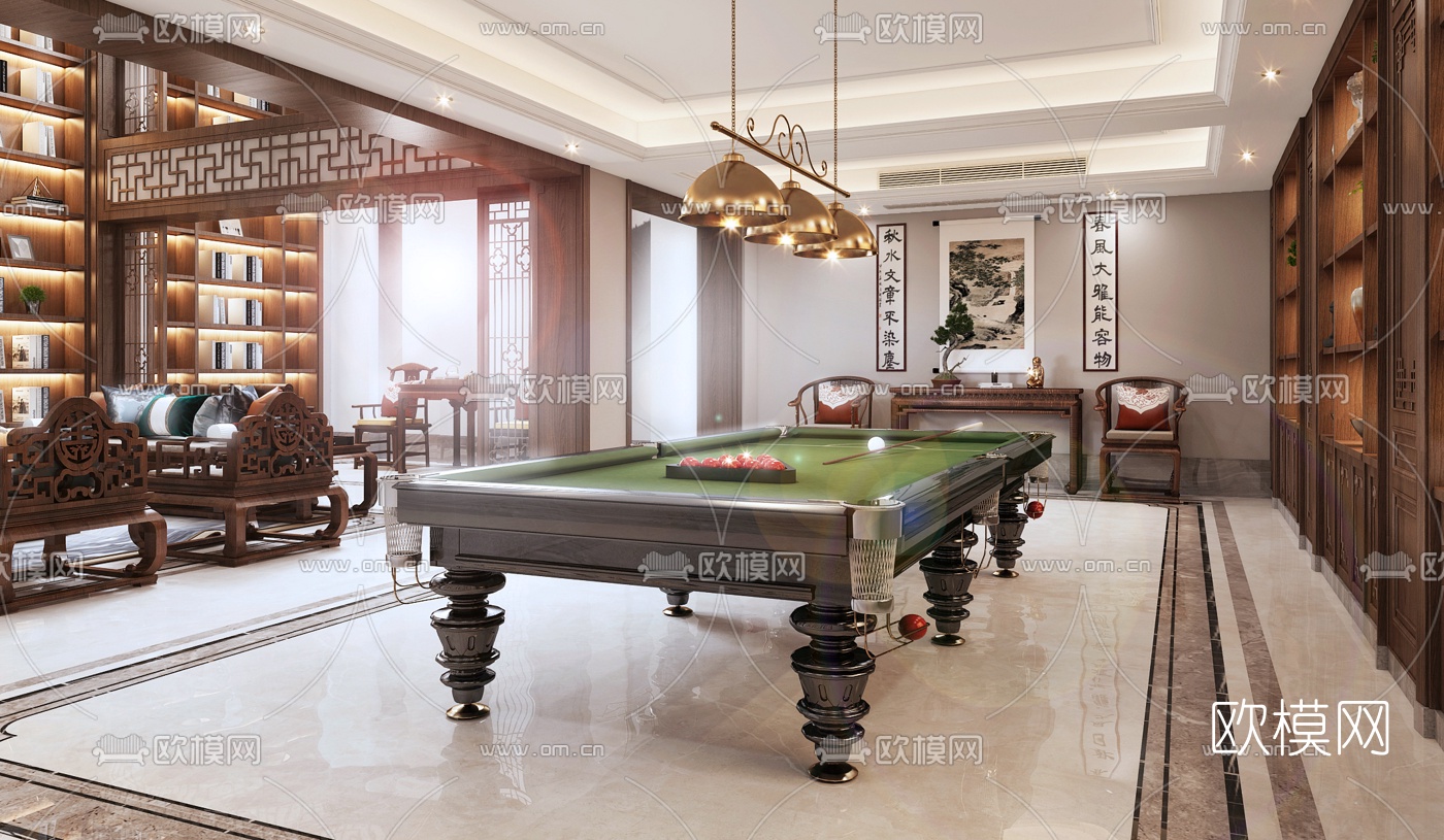 新中式台球室娱乐室3d模型