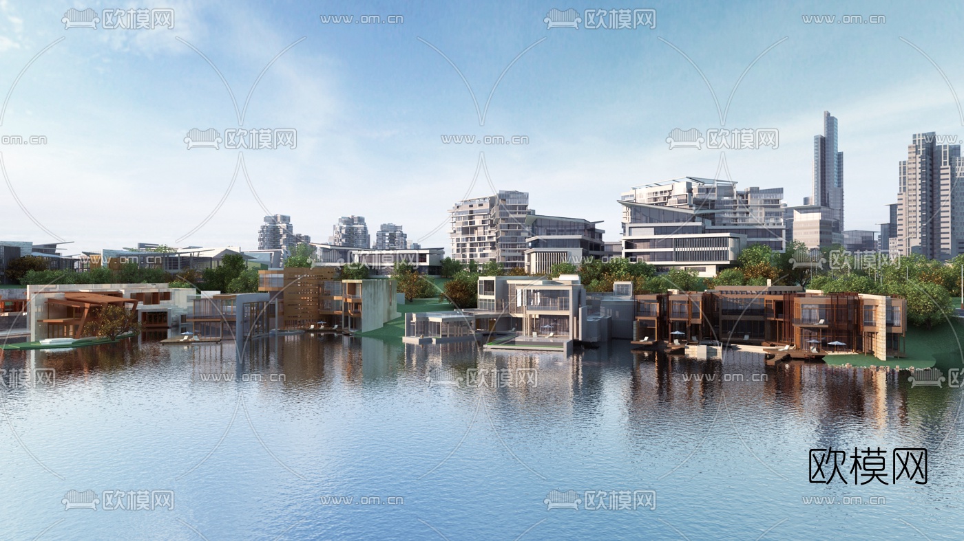 现代湖边别墅外观3d模型