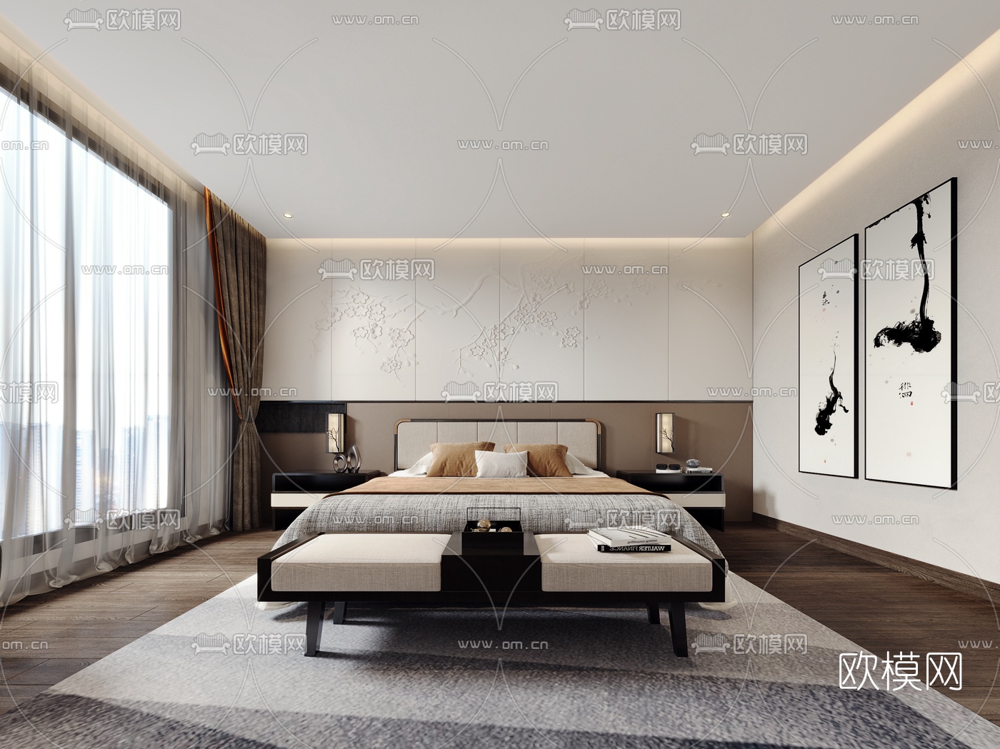 新中式卧室免费3d模型下载