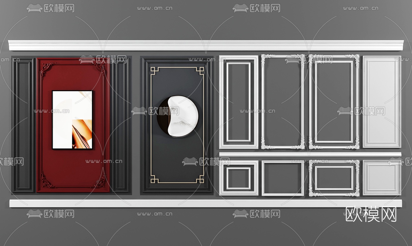 简欧石膏线条护墙板组合3d模型下载