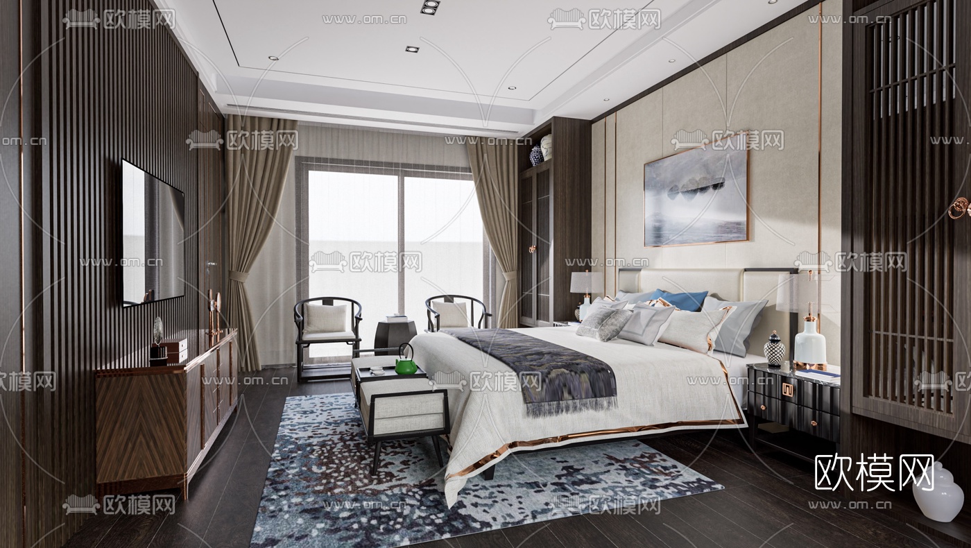 新中式卧室su模型下载（渲染图1）