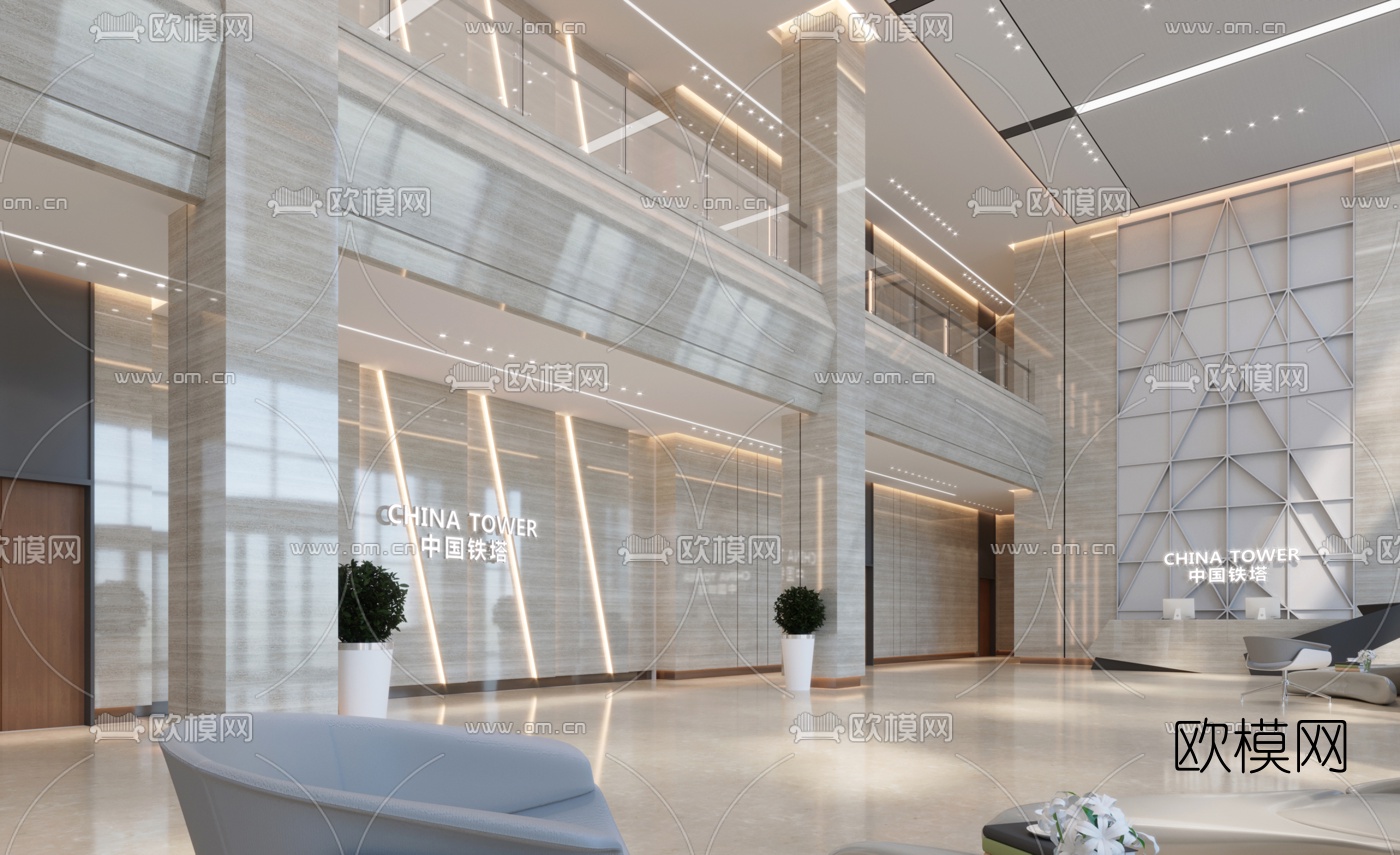 现代办公楼大堂3d模型下载（渲染图2）