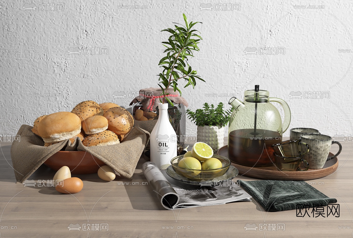 现代食物茶水装饰品摆件组合3d模型