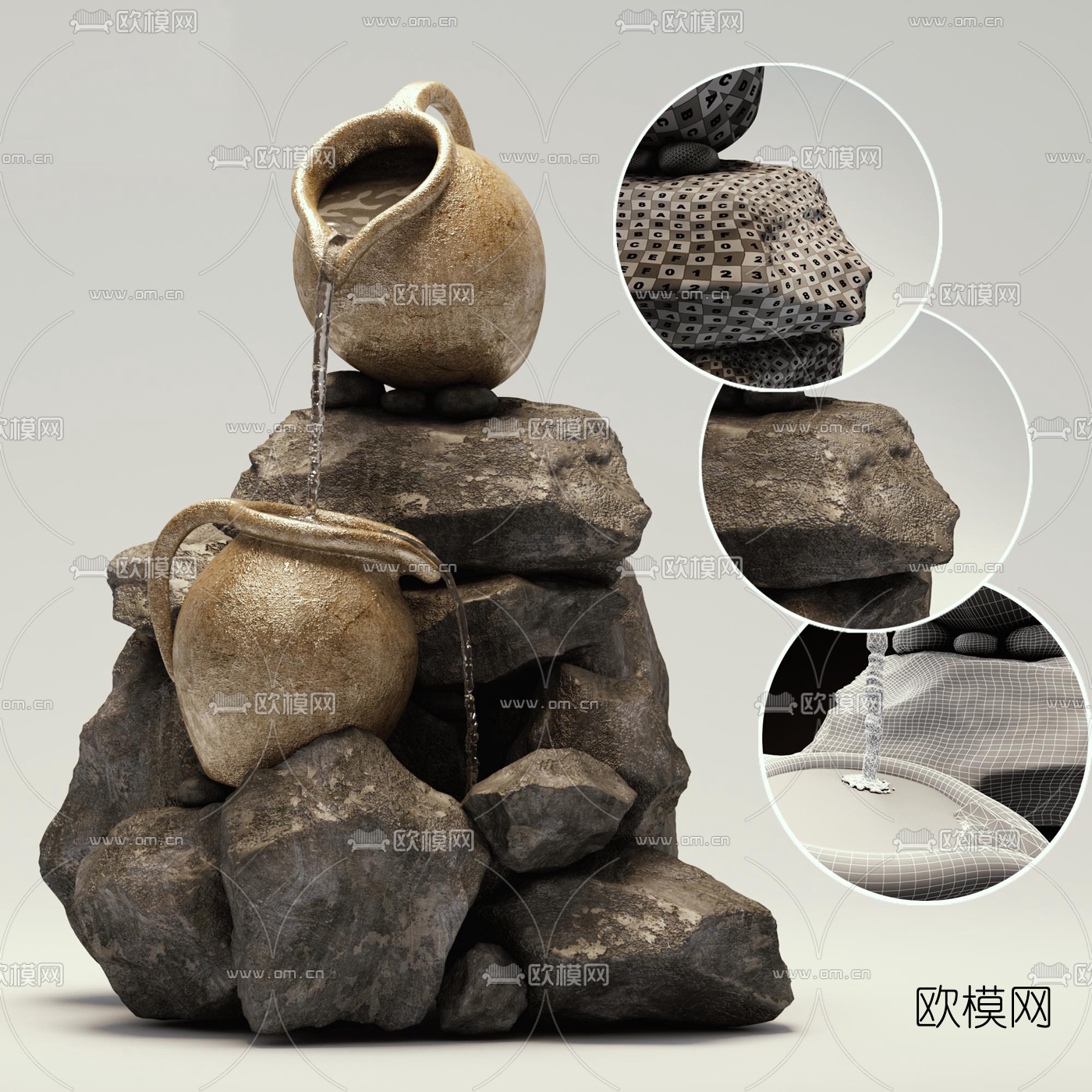 中式假山水壶流水园艺小品3d模型下载（渲染图1）