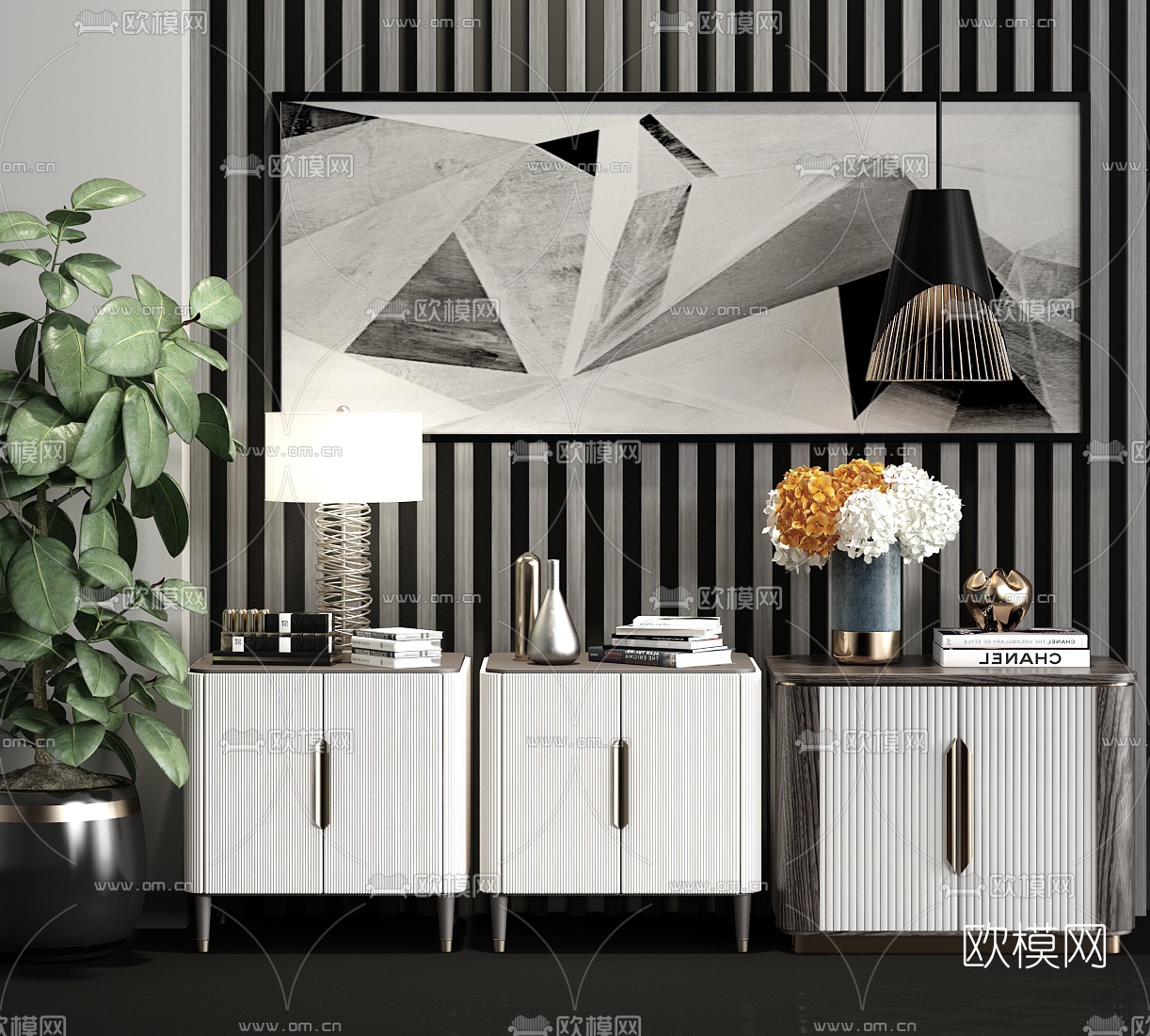 现代方形条纹床头柜3d模型下载