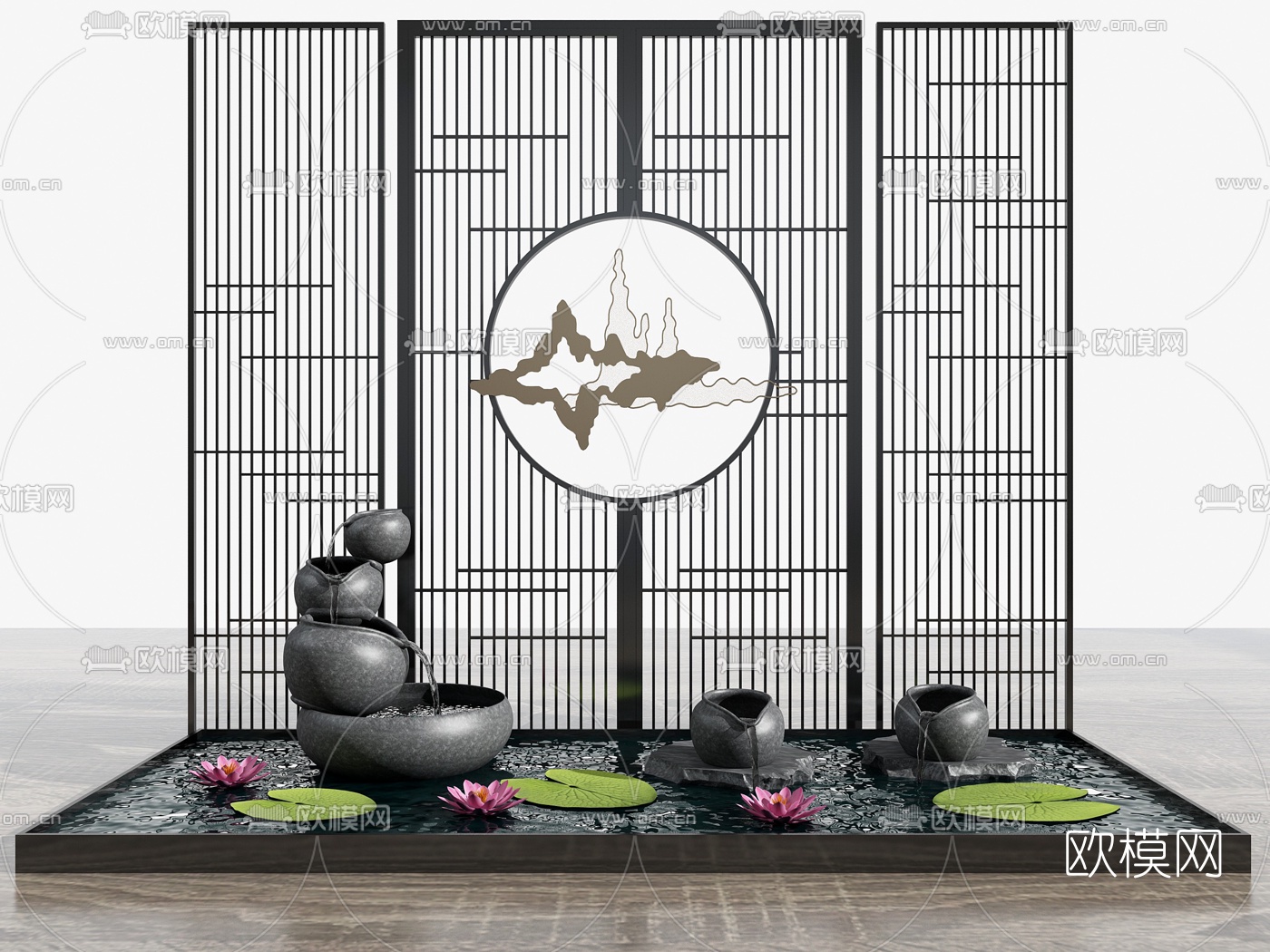 新中式荷花水景小品3d模型下载