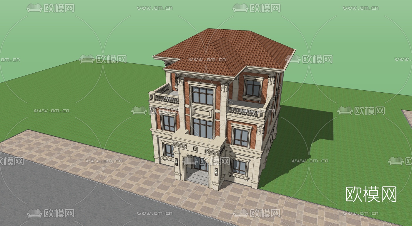 欧式独栋别墅外观su模型下载（渲染图3）