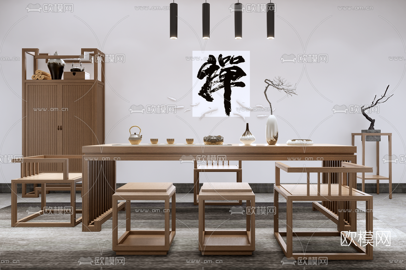 新中式茶桌椅su模型