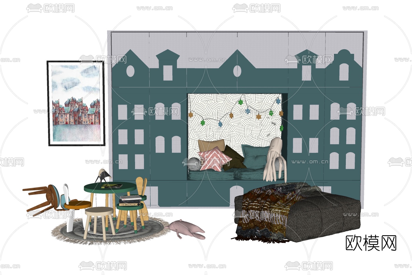 北欧原木儿童桌椅su模型下载