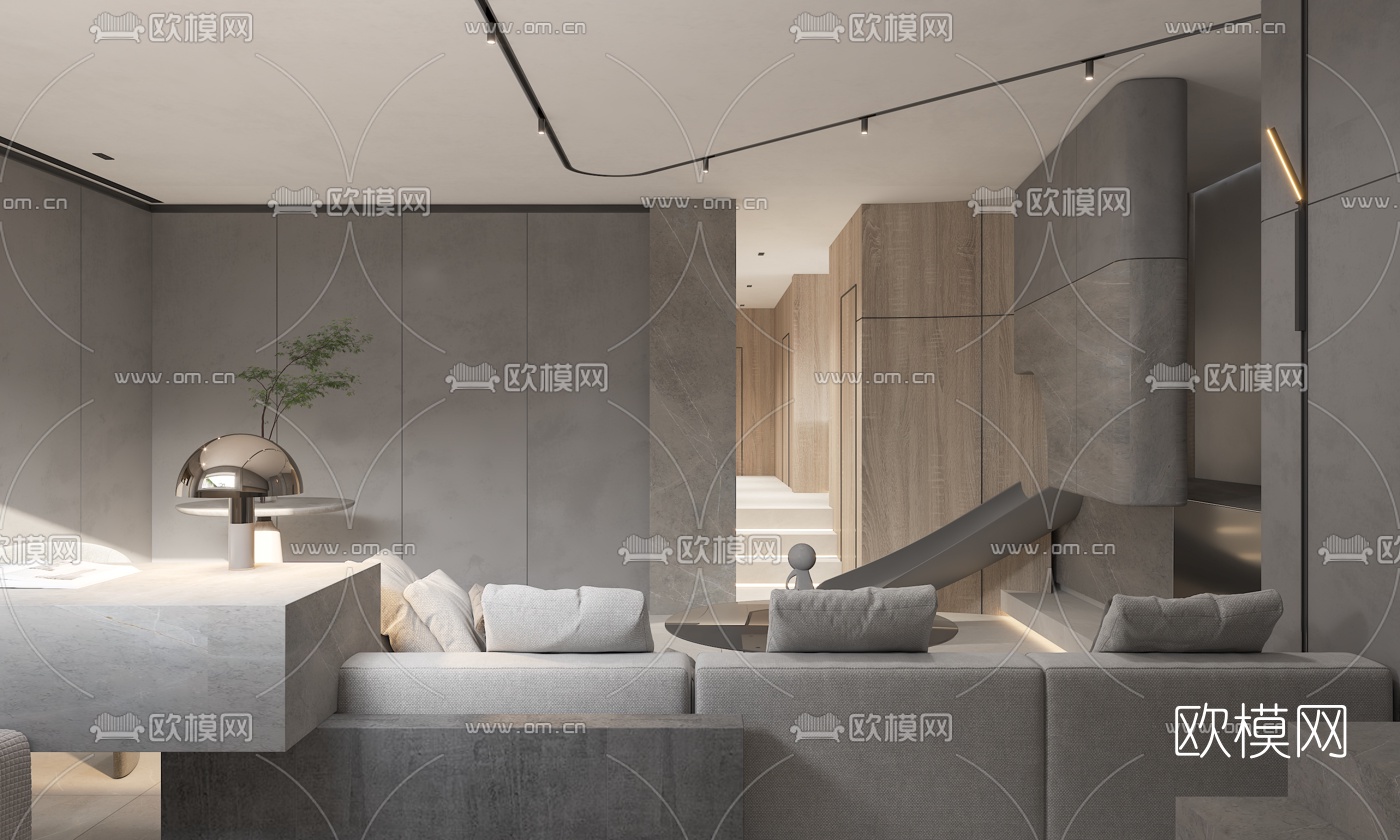 现代负一层书房休息室3d模型下载（渲染图3）