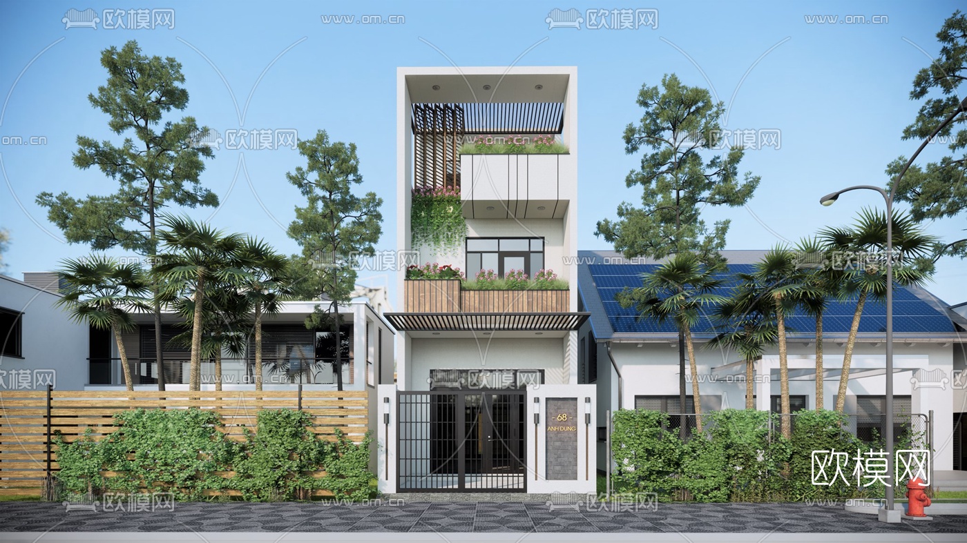 现代独栋别墅外观su模型下载（渲染图1）