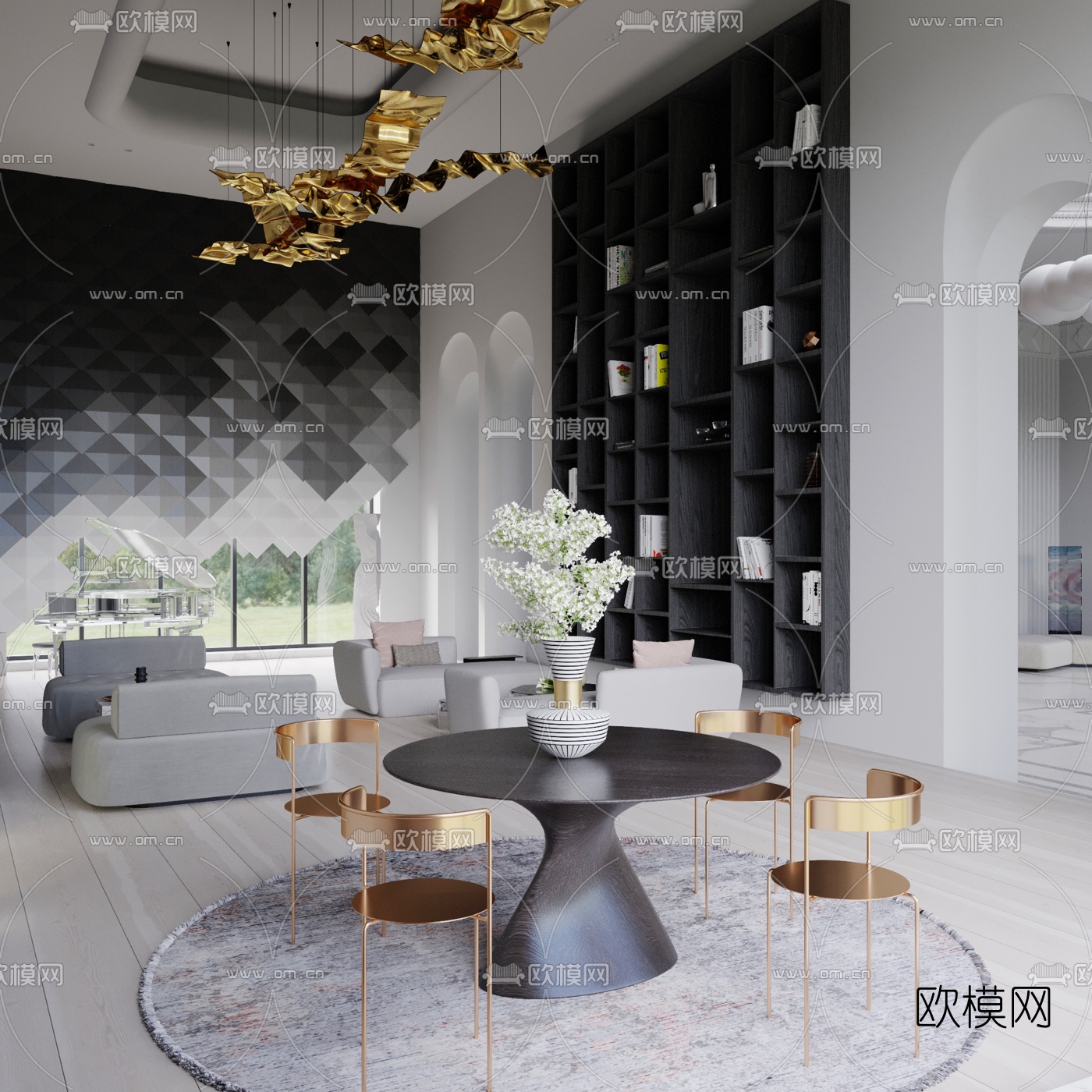后现代简约别墅客厅餐厅3d模型