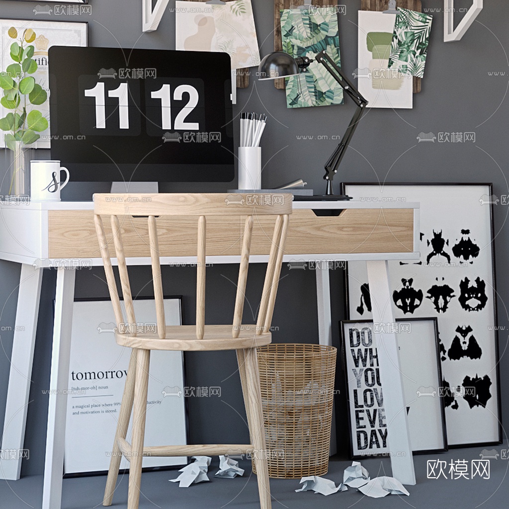 北欧书桌椅3d模型下载（渲染图3）