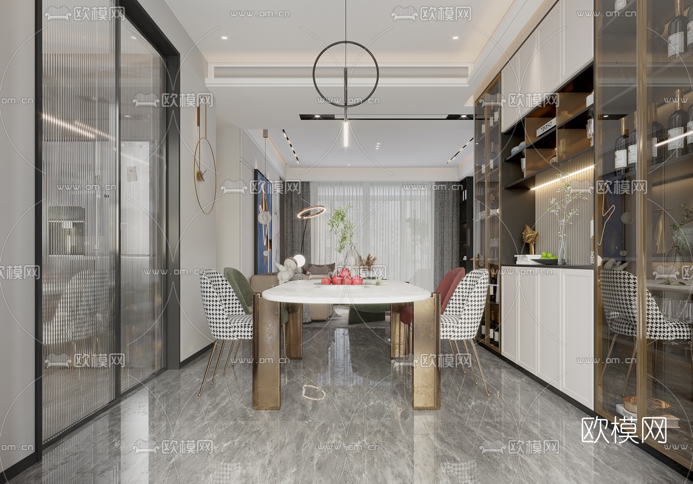 现代轻奢客厅餐厅3d模型下载（渲染图5）