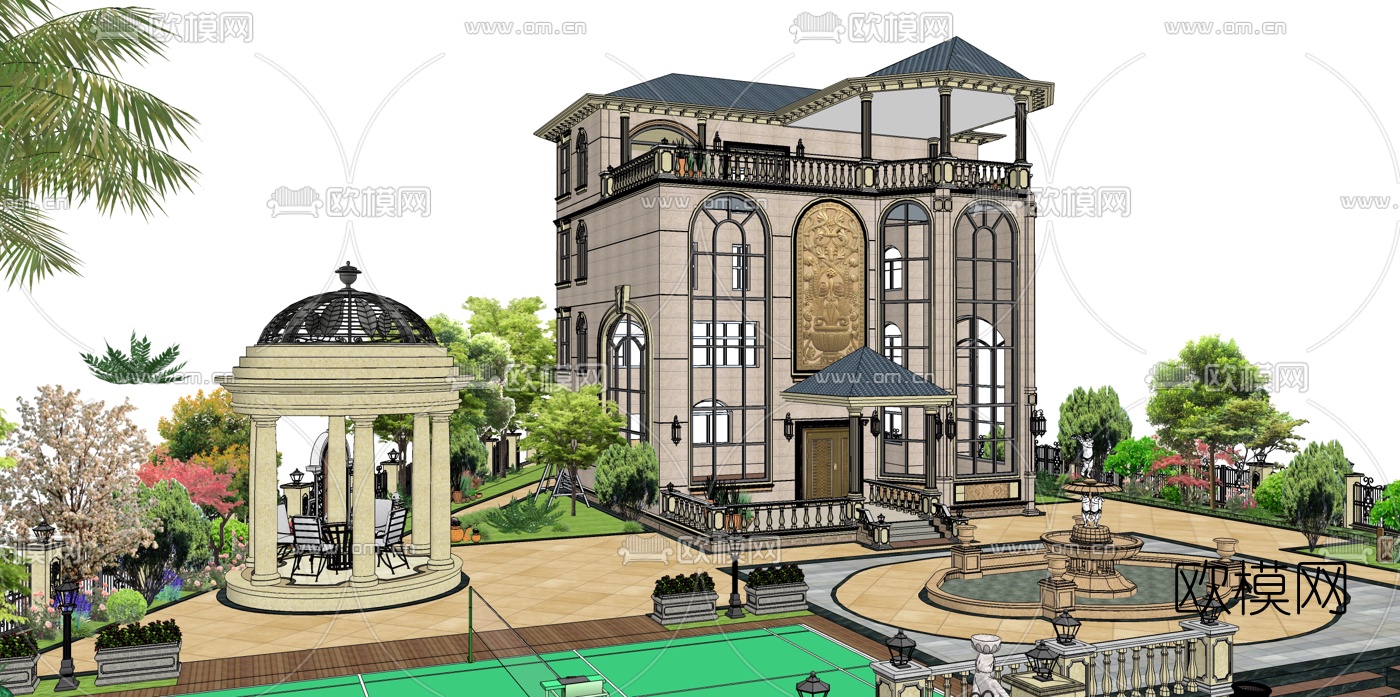 欧式别墅庭院景观su模型下载（渲染图1）