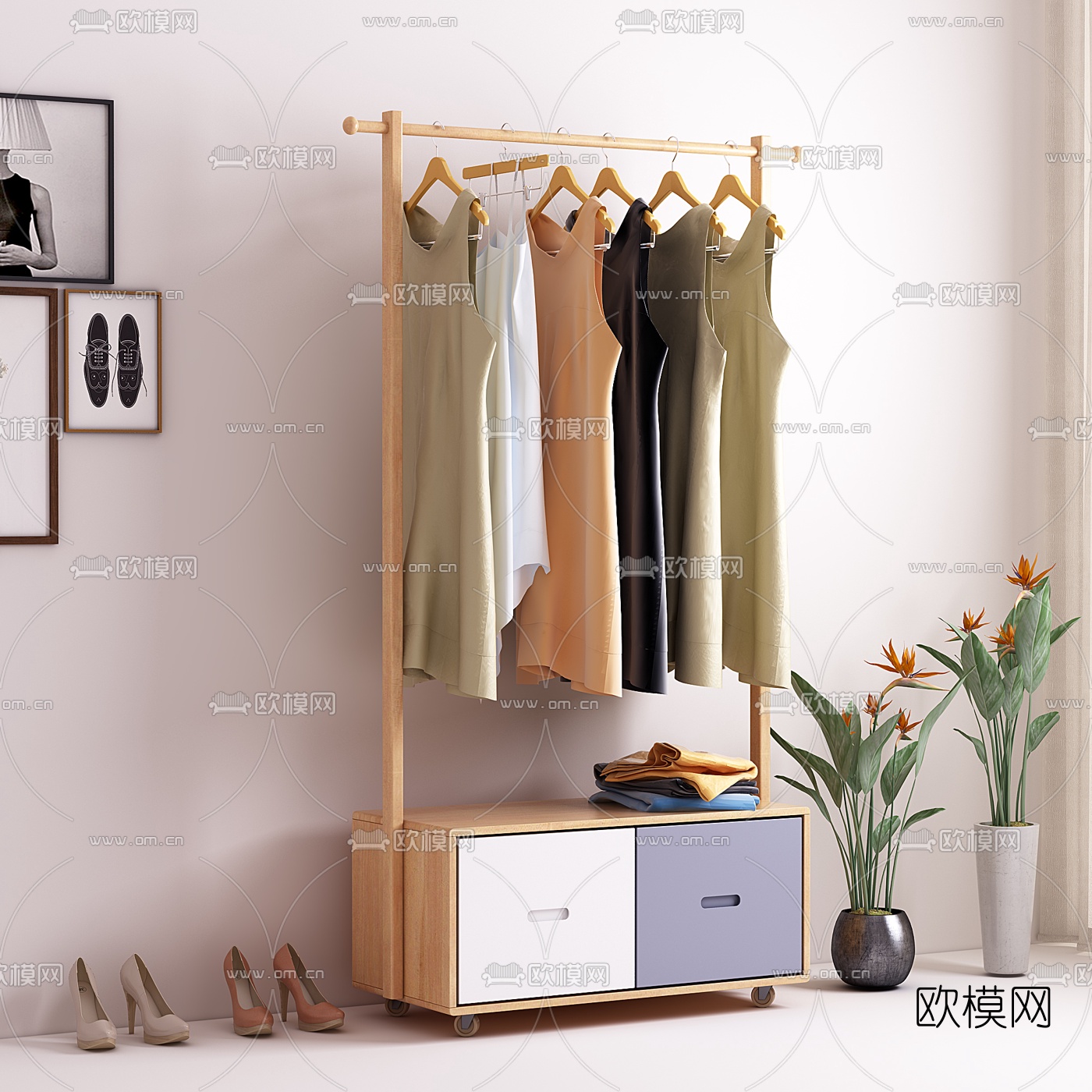 北欧移动衣架鞋柜3d模型下载（渲染图2）