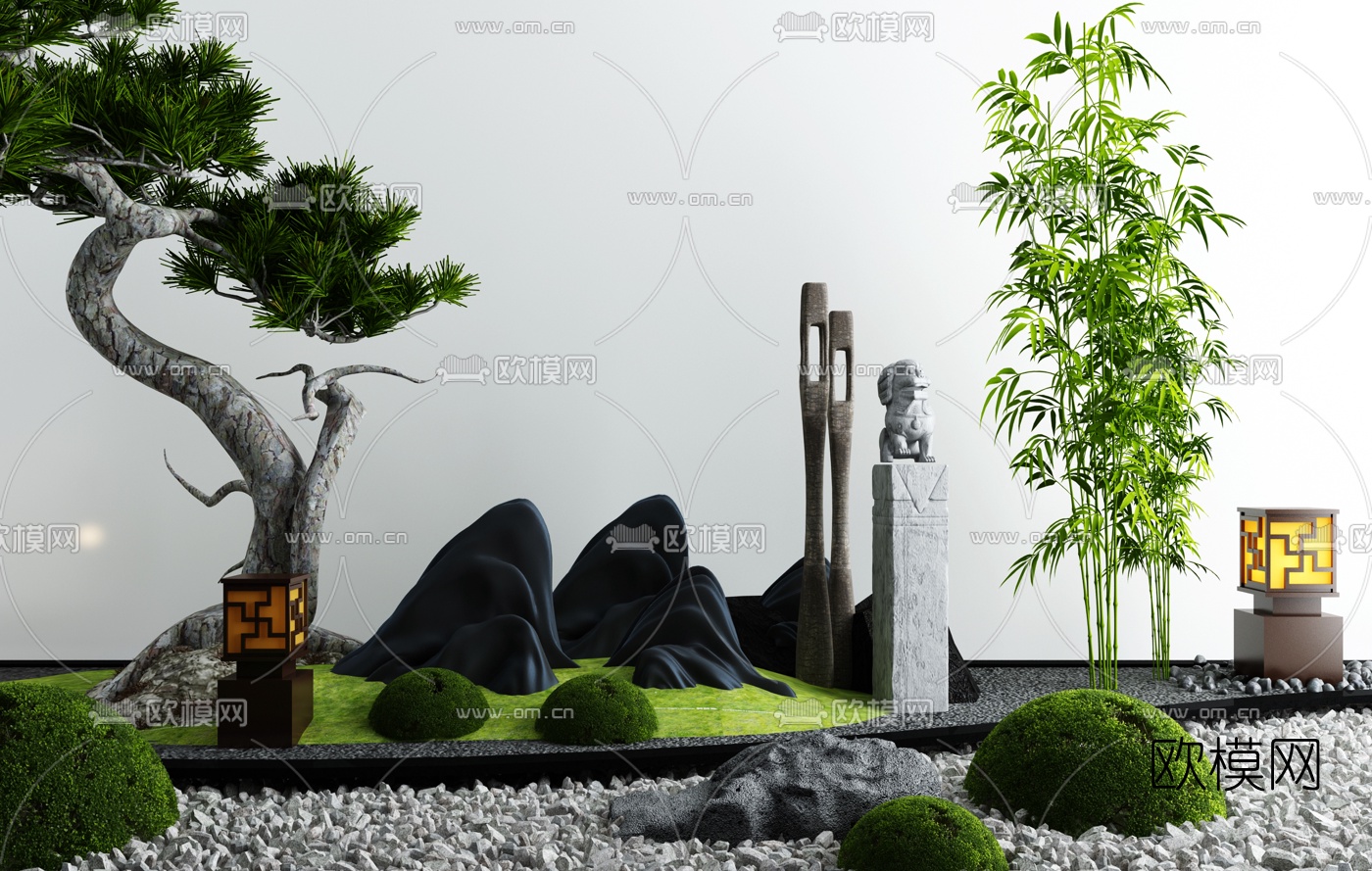 新中式假山树灌木小品3d模型