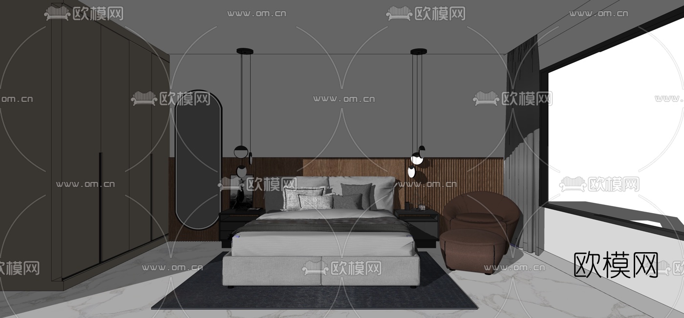 后现代卧室su模型下载（渲染图2）