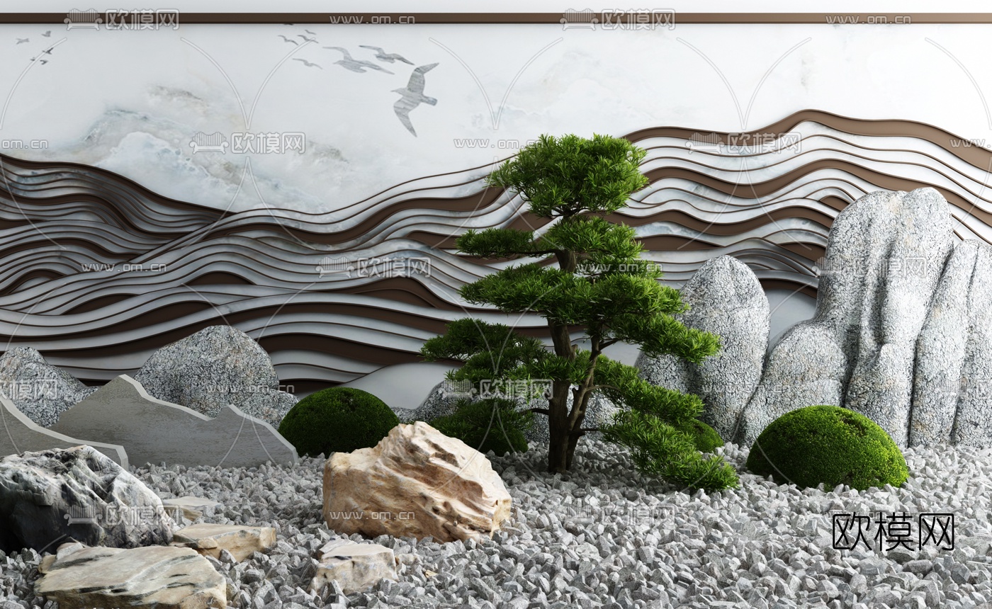 新中式海浪假山小品3d模型下载