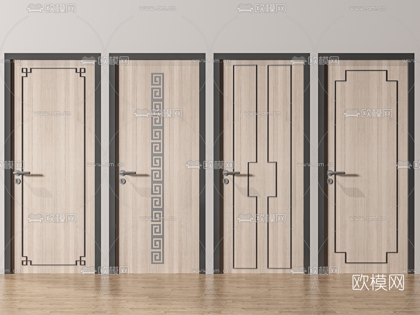 新中式房门单开门3d模型下载