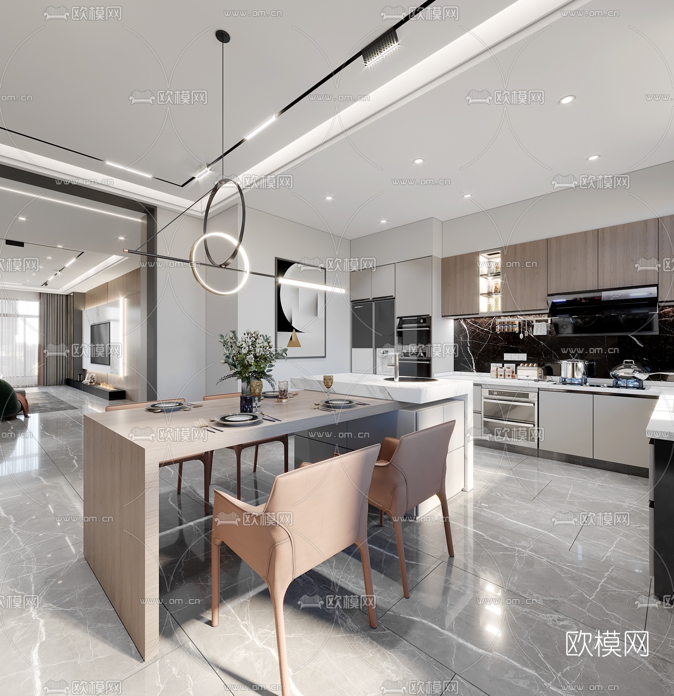 现代轻奢客厅餐厅3d模型