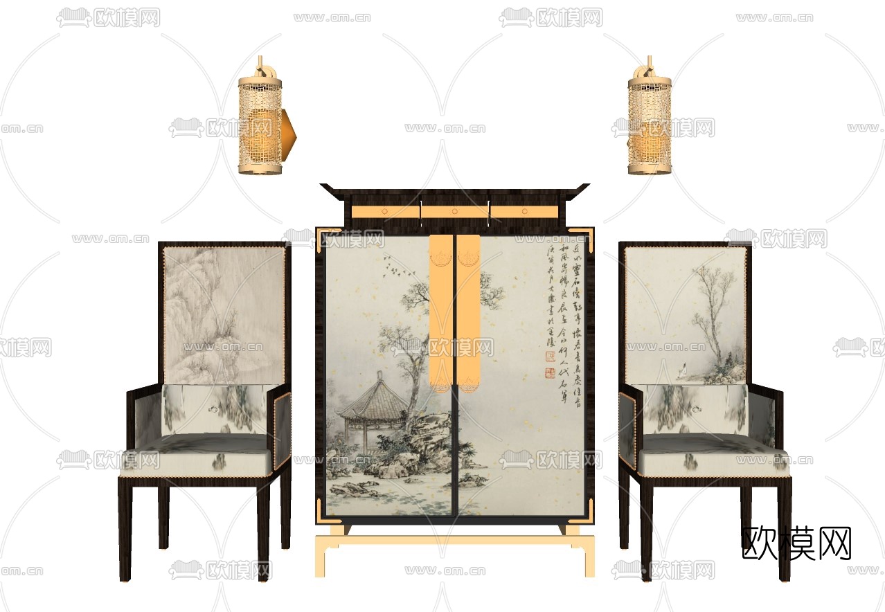 新中式高背单椅su模型下载