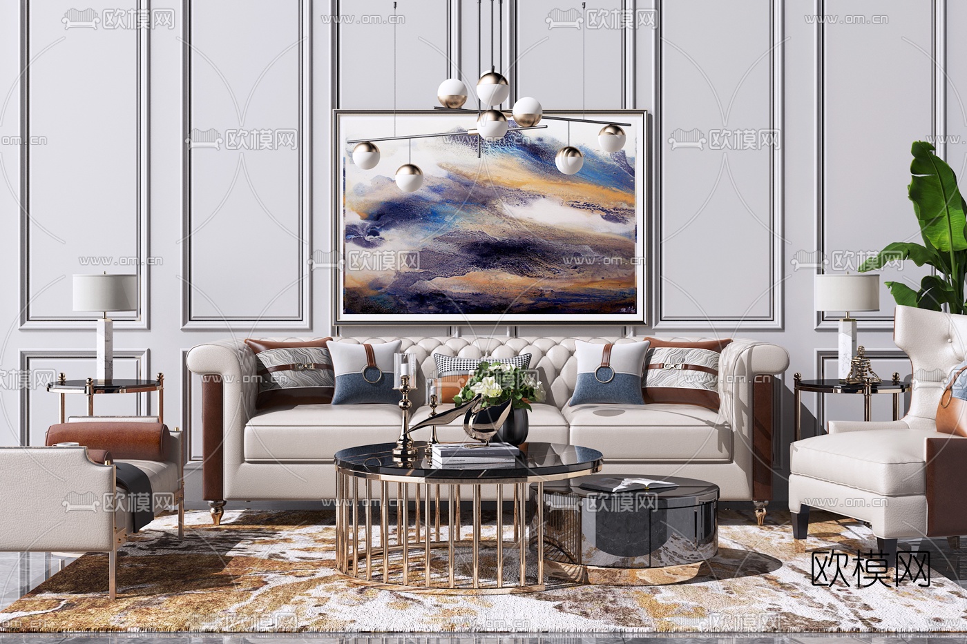 简欧皮革沙发组合3d模型下载