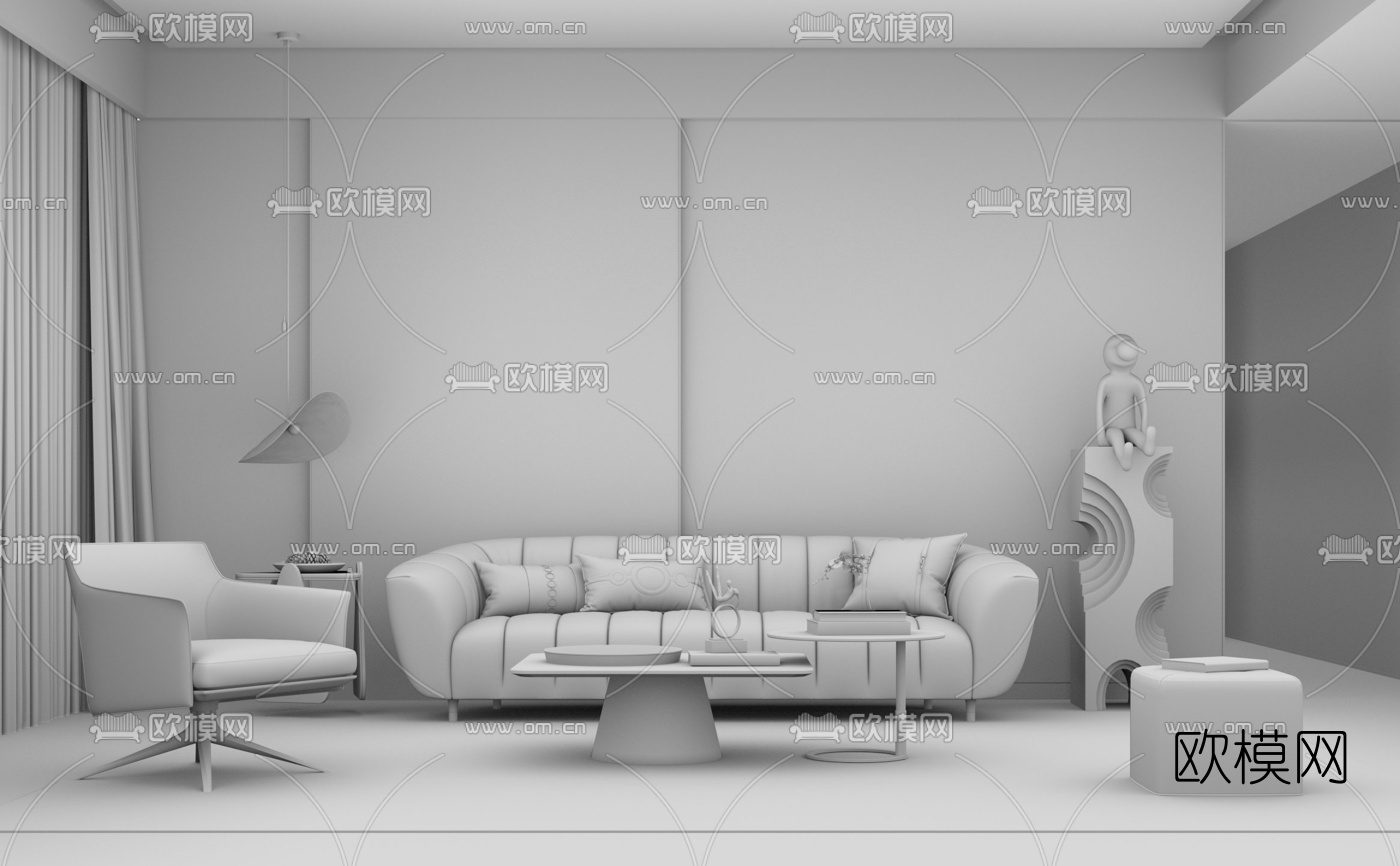 现代布艺组合沙发su模型下载（渲染图3）