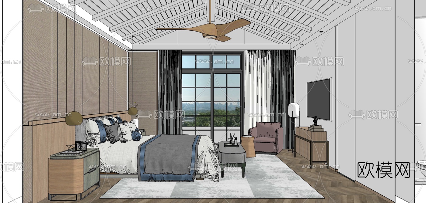 新中式卧室su模型下载