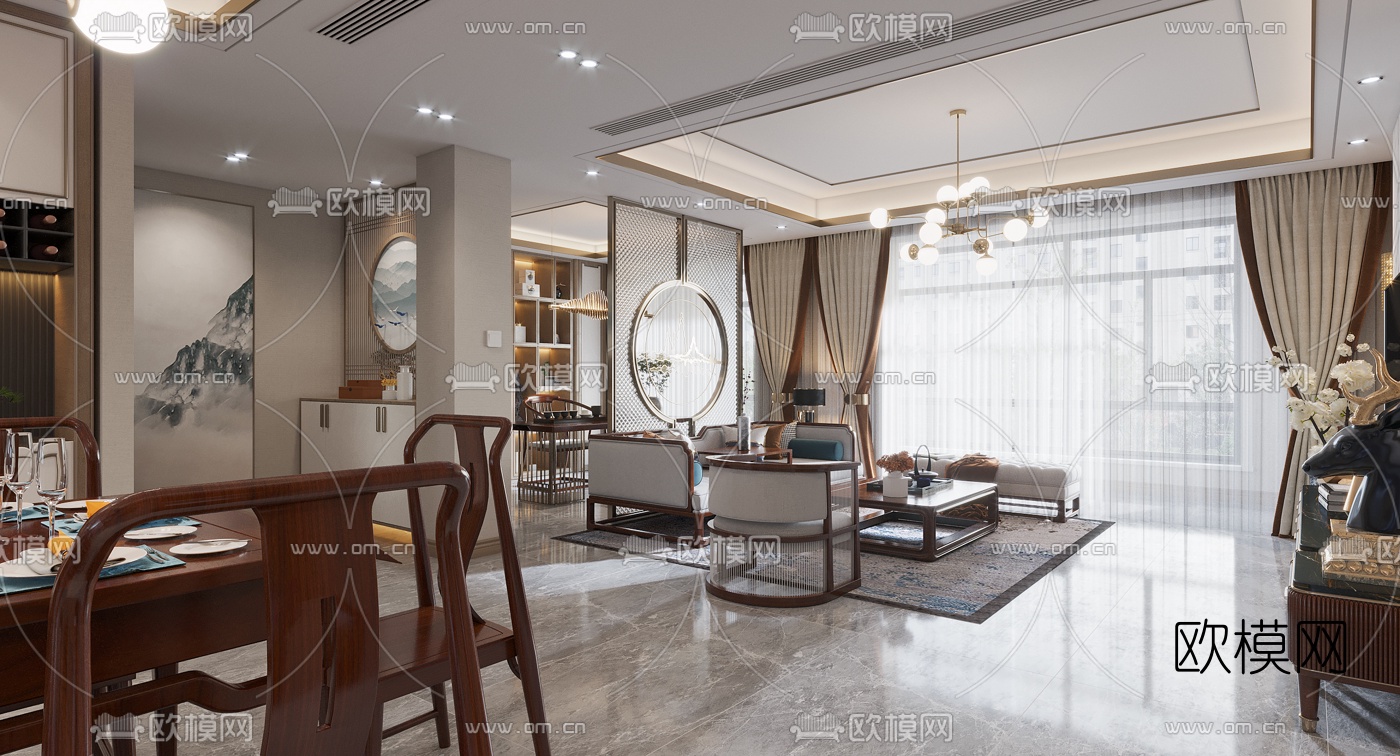 新中式轻奢客厅餐厅3d模型
