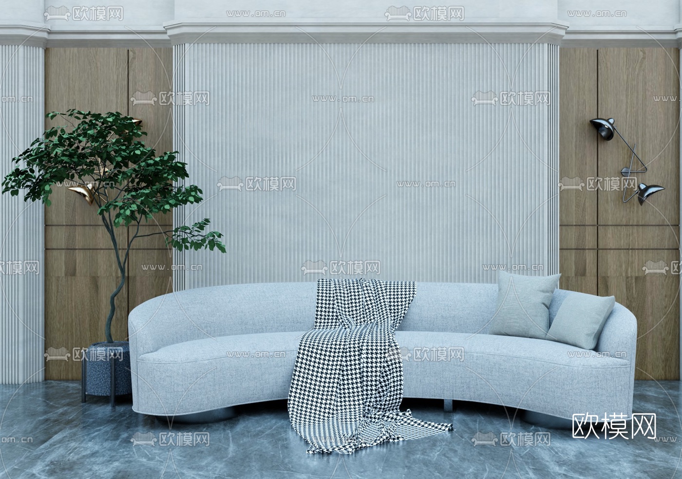 现代布艺弧形沙发su模型下载（渲染图2）