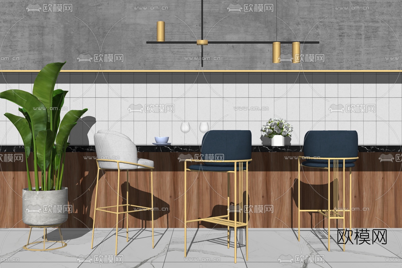 现代轻奢吧台桌椅su模型下载