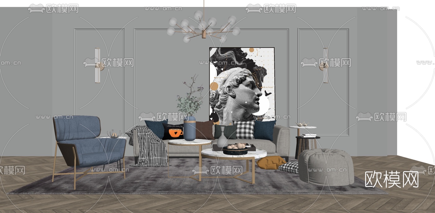 现代布艺沙发组合su模型下载