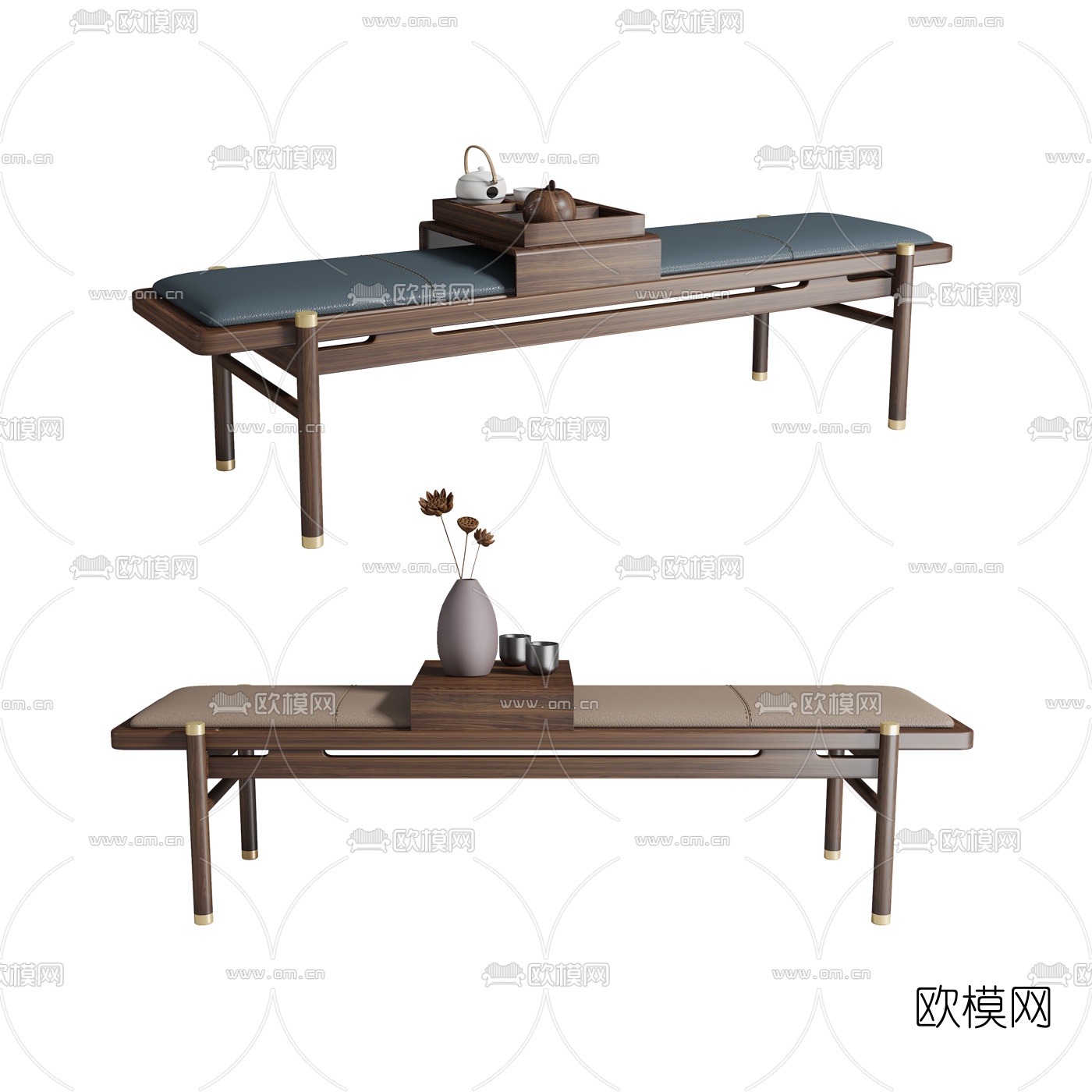 新中式皮革床尾凳脚踏3d模型下载