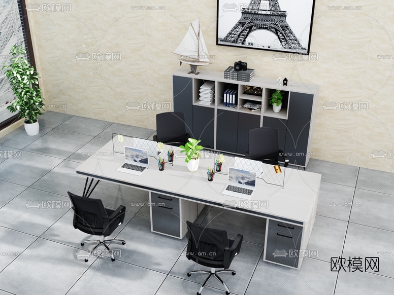 现代屏风卡位办公桌椅3d模型下载(渲染图5)