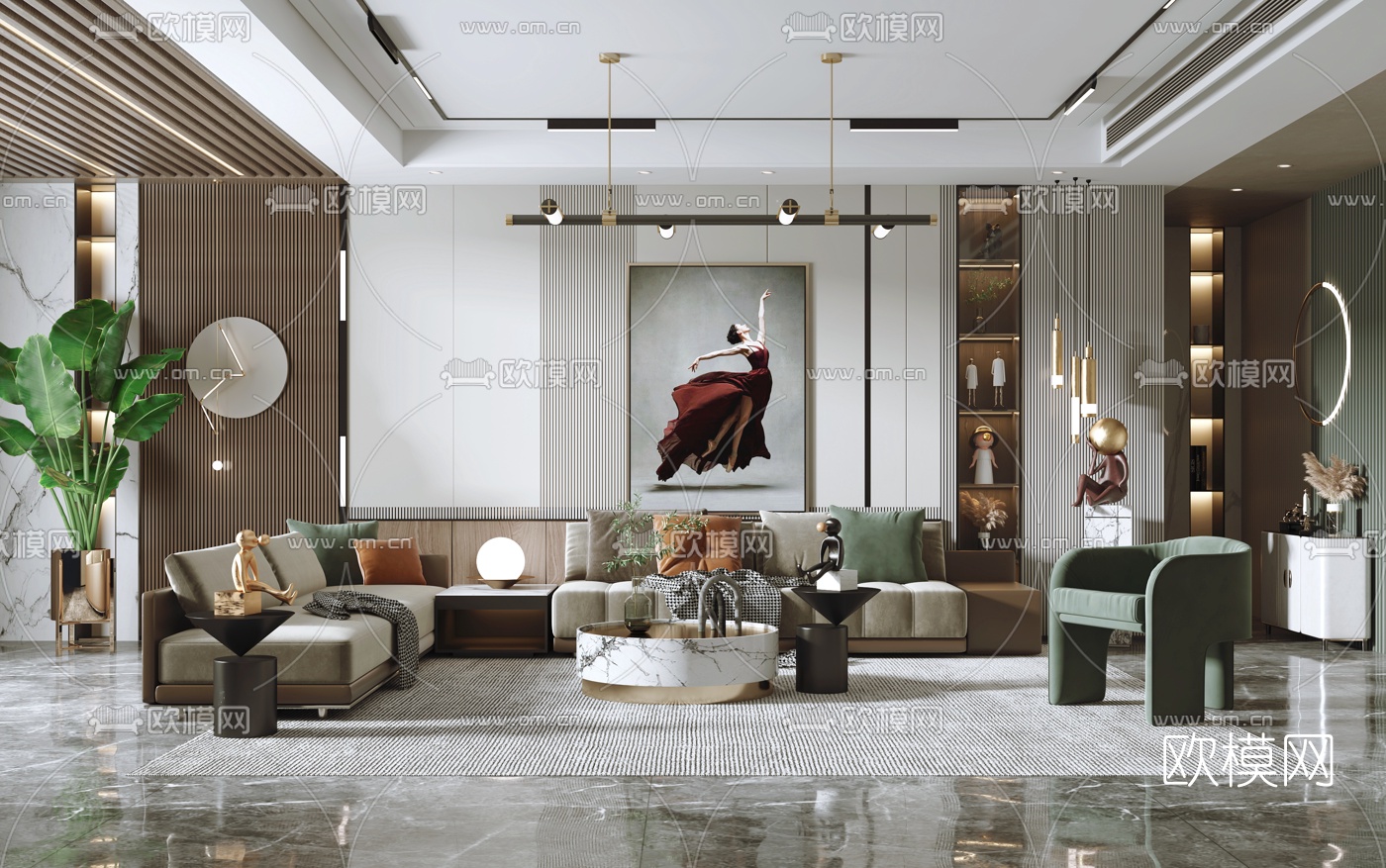 现代轻奢绒布沙发组合3d模型下载（渲染图1）