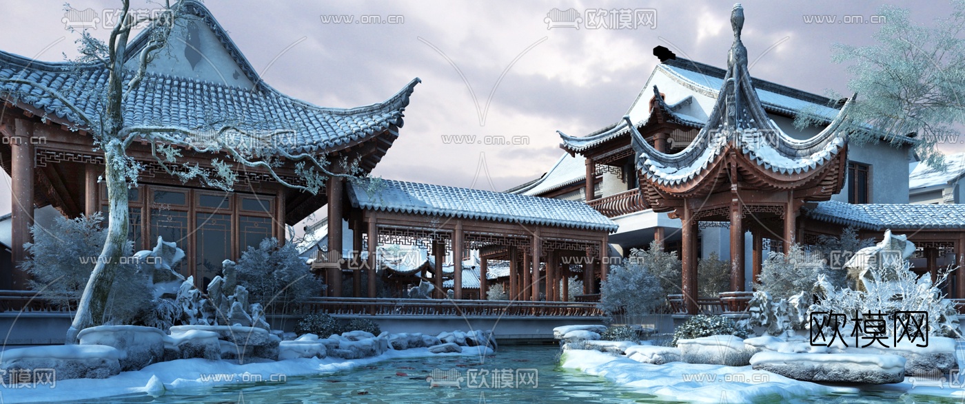 中式古建园林雪景3d模型
