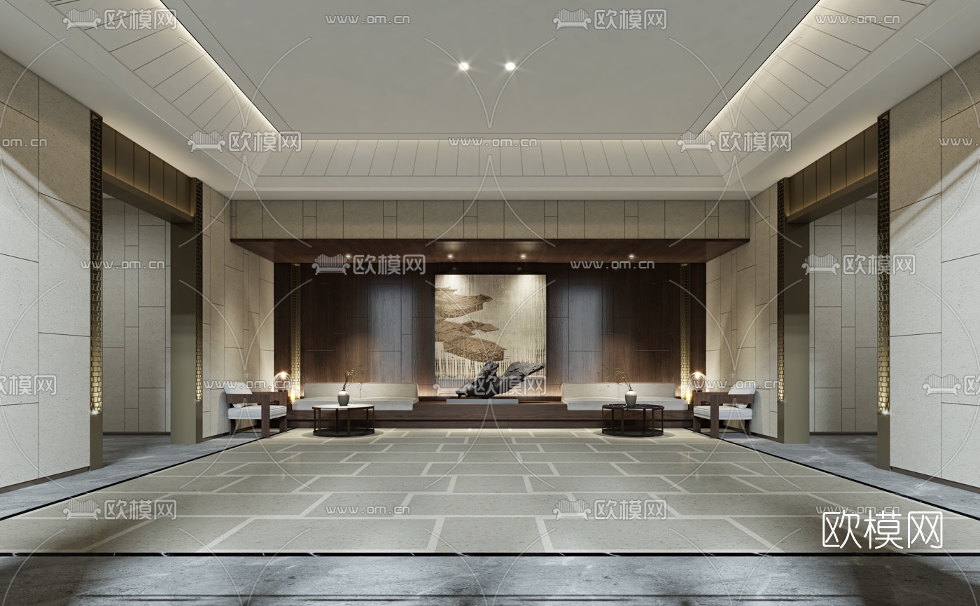 新中式会所中庭3d模型下载（渲染图1）