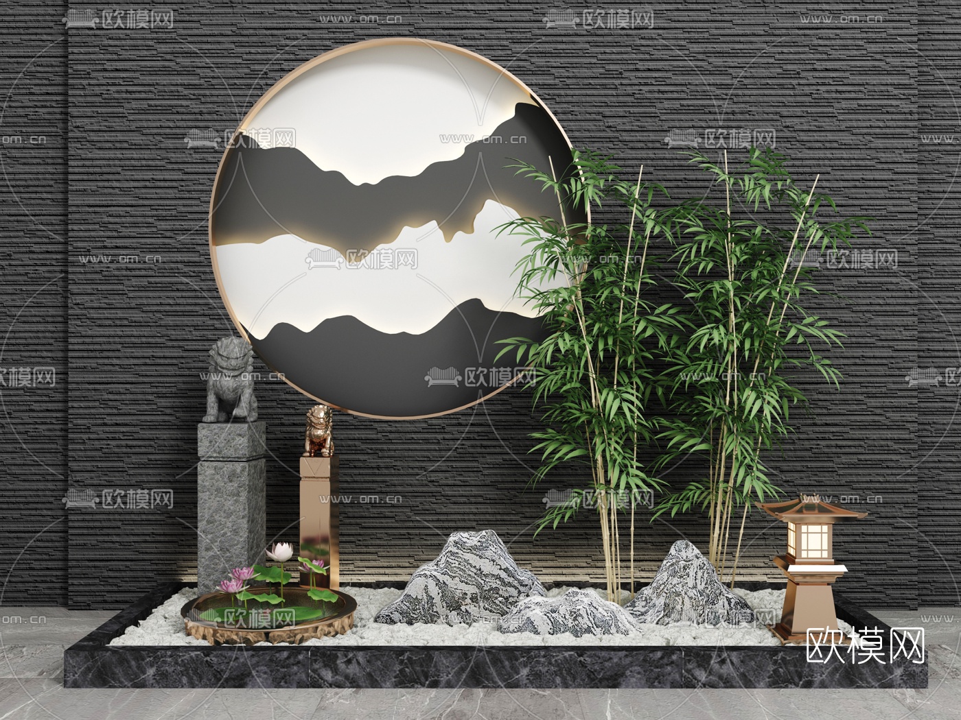 新中式石狮子竹子假山景观小品3d模型下载