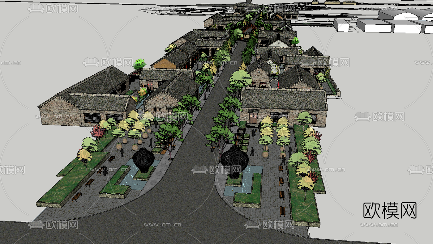 新中式民宿小镇鸟瞰su模型下载（渲染图1）