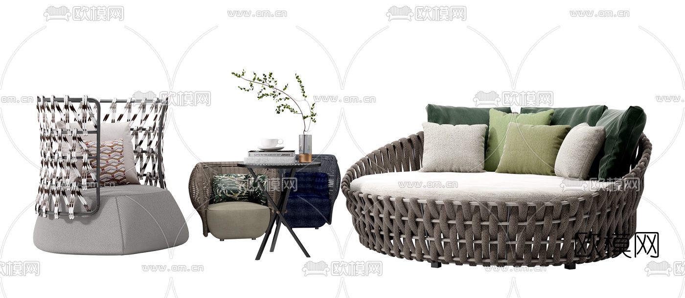 现代藤编户外休闲桌椅3d模型下载
