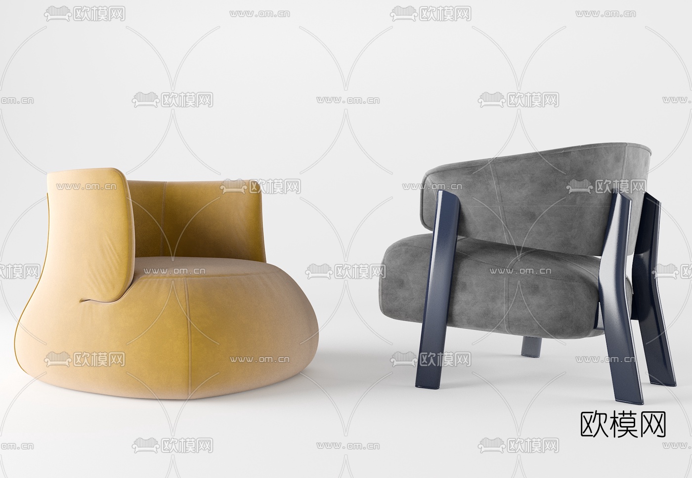 现代绒布单人懒人沙发3d模型下载（渲染图3）