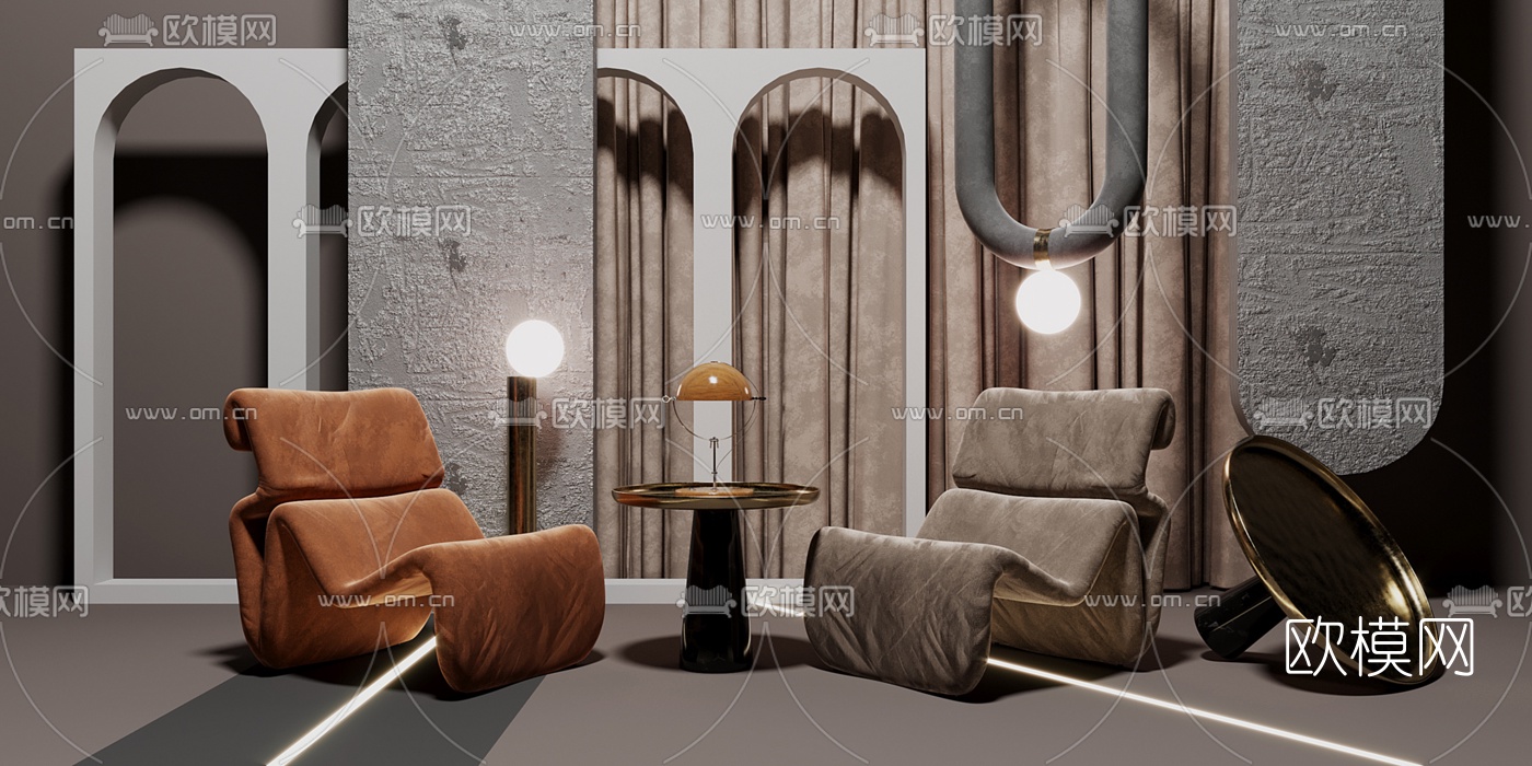 现代布艺躺椅边几3d模型下载（渲染图1）