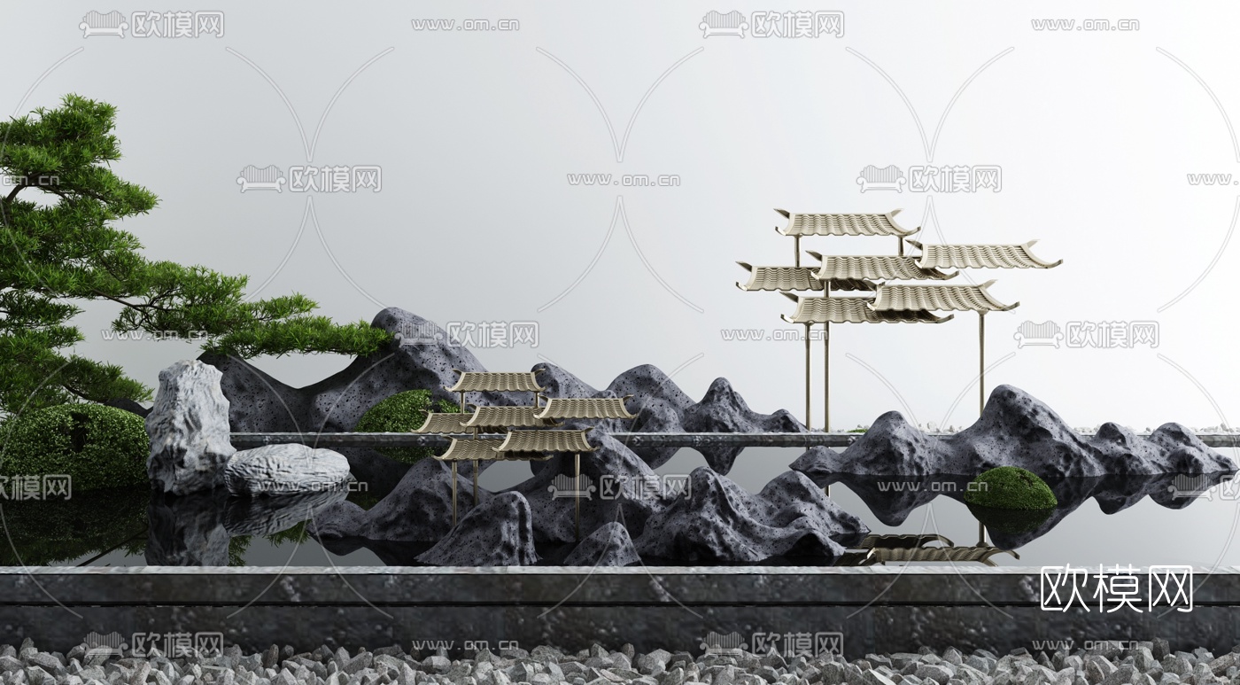 新中式庭院假山水景小品3d模型下载