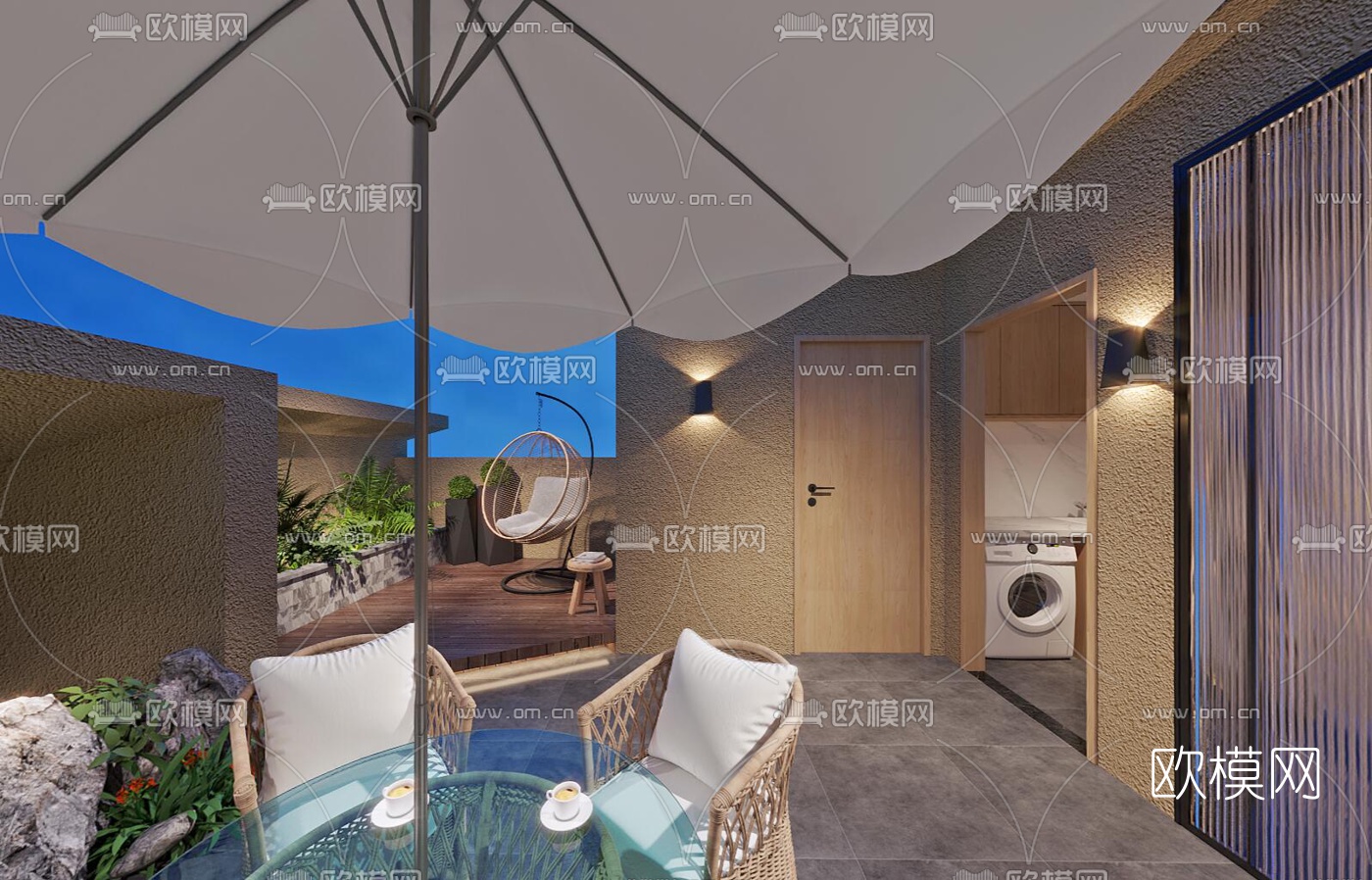 现代别墅露台花园夜景vr全景3d模型