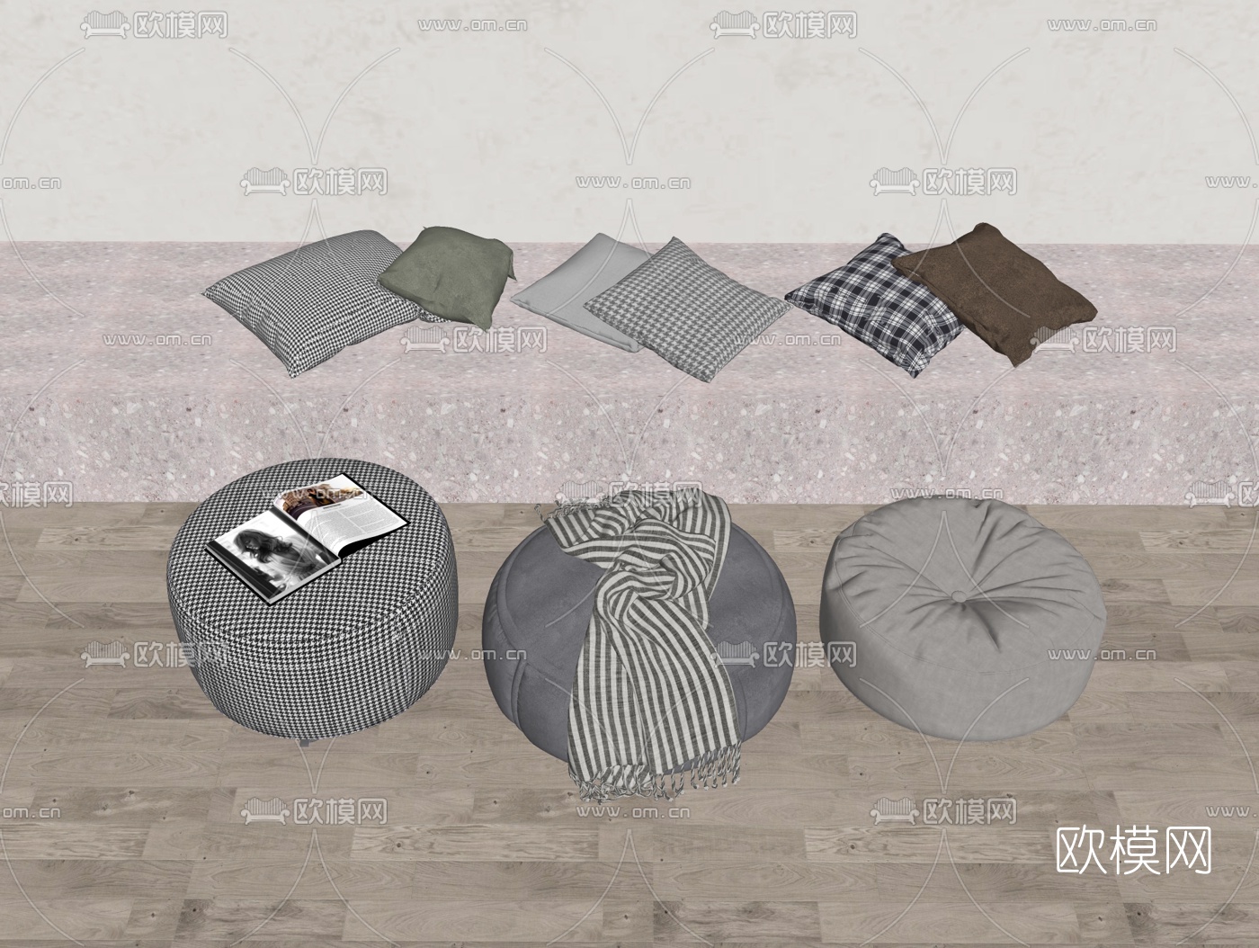 现代坐垫靠枕抱枕su模型下载（渲染图2）