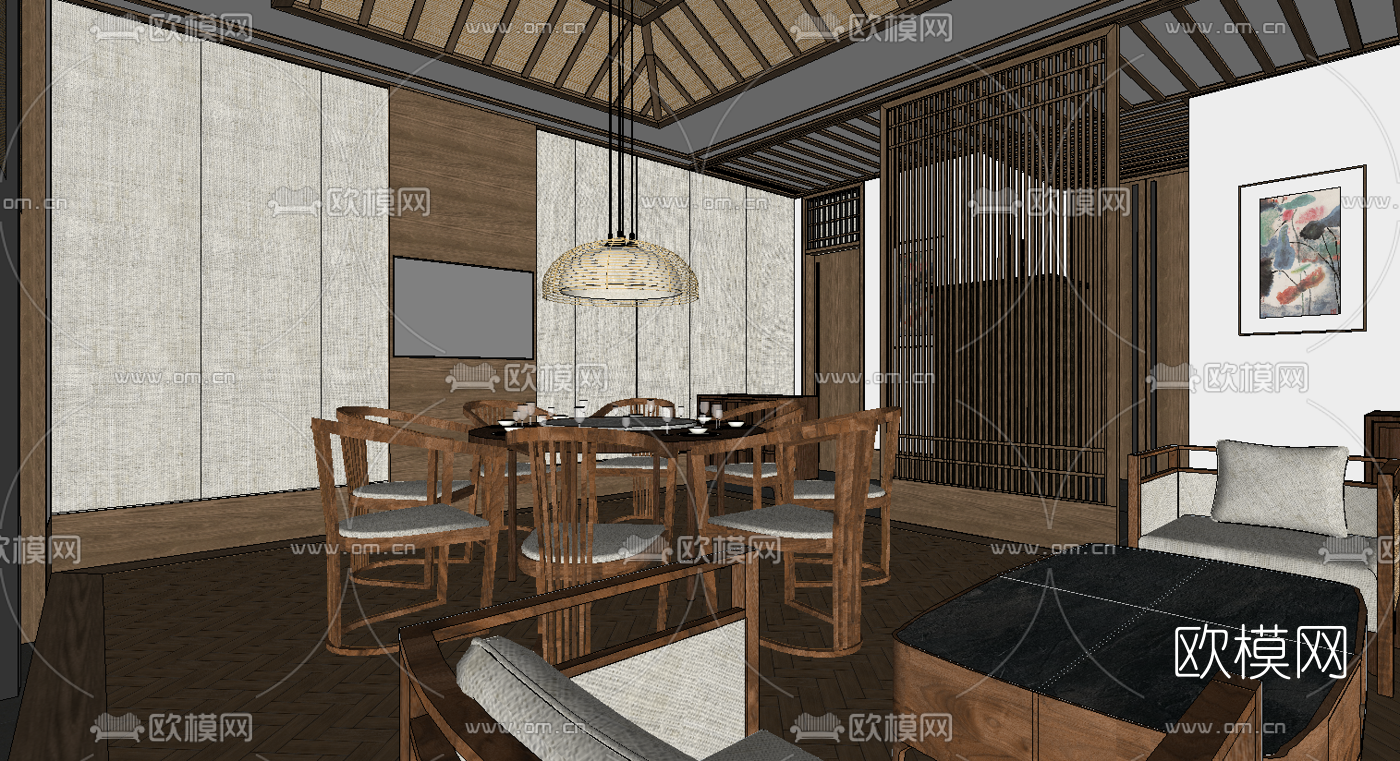 新中式酒店包房su模型
