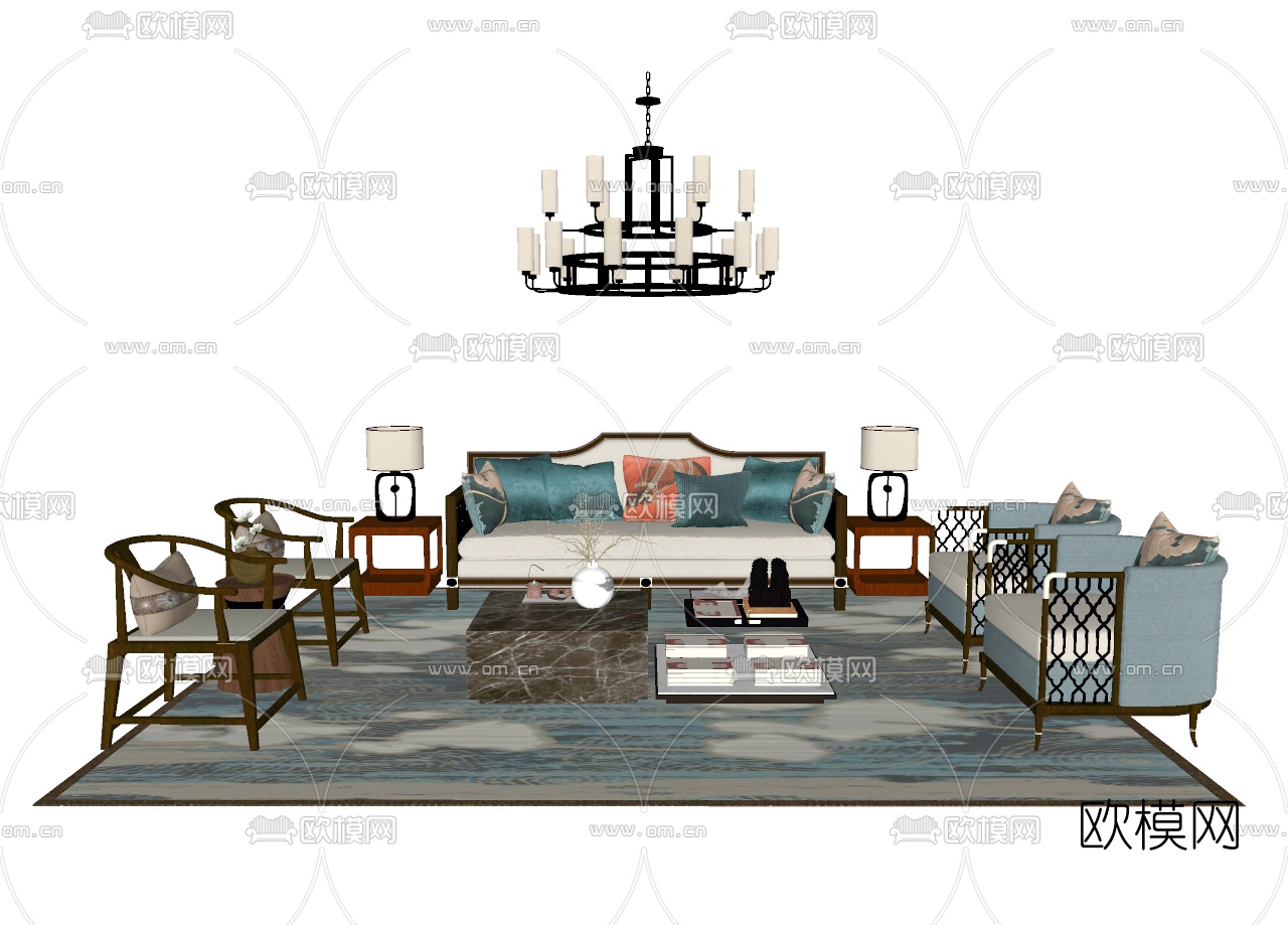 新中式布艺组合沙发su模型下载（渲染图2）